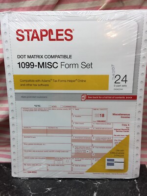 24 Ct Pack Staples 2018 Dot Matrix IRS Tax Form 1099-Misc 5-Part Form Sets USA