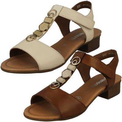 Ladies Remonte Leather Block Heeled T-Bar Hook & Loop Sandals D0P52