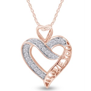 Authentic White Natural Diamond I Love You Heart Pendant 14K Rose Gold Plated (1/7 Cttw)