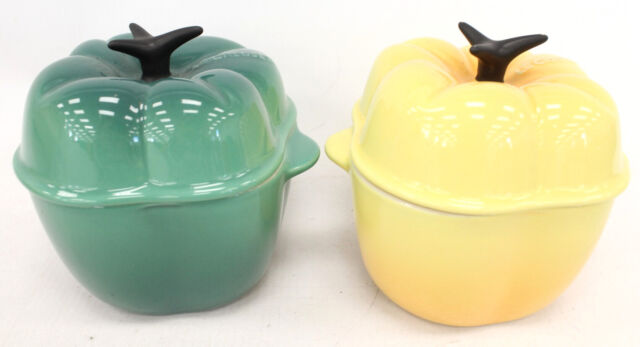 2x LE CREUSET Yellow & Green BELL PEPPER Ramekin STONEWARE Mini Cocottes - A13