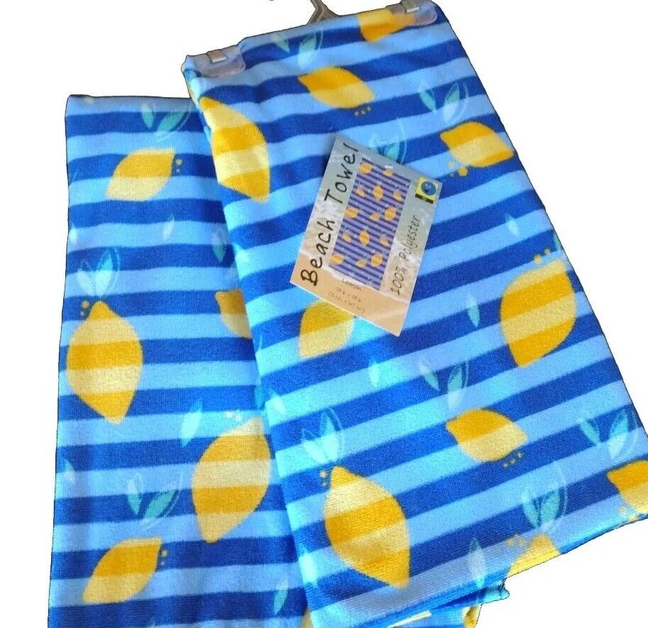 LOT of 2 Beach Towels Blue Stripe Lemon 28" x 58" 100% Polyester Large Bath Size