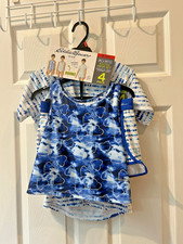 Eddie Bauer Girl's 4 PC Swim Suit Set Reversible Size M 10-12 Blue/White NWT