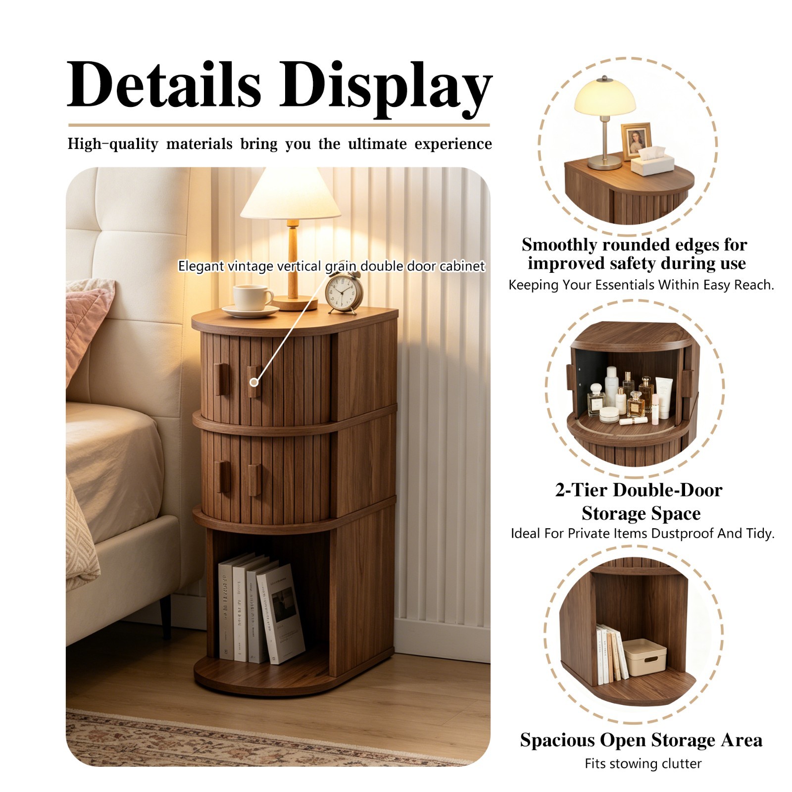 Narrow Side Tables3-Tier Storage Tables with Double Sliding Doors Walnut