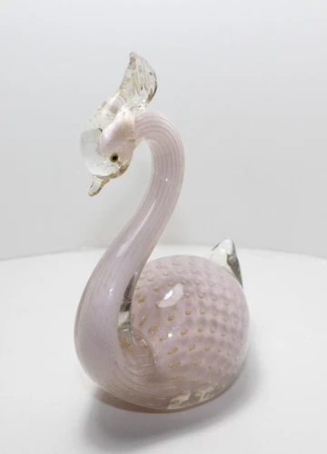Vtg Murano Art Glass Alfredo Barbini Pink Swan Figurine Bullicante Gold Accents
