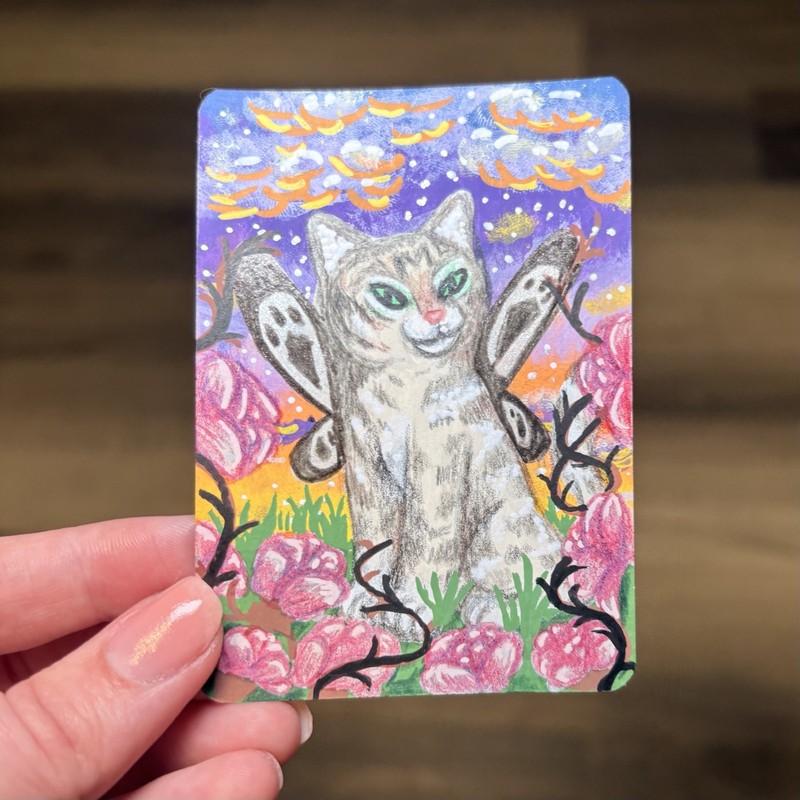 ACEO Original Painting Fantasy Glitter Cat Roses Sunset Glitter by ReverieBeasts