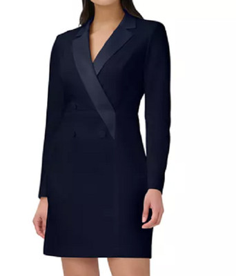 Adrianna Papell Tuxedo Dress Size 8 Navy Blue Crepe & Satin Sheath NWT APR207