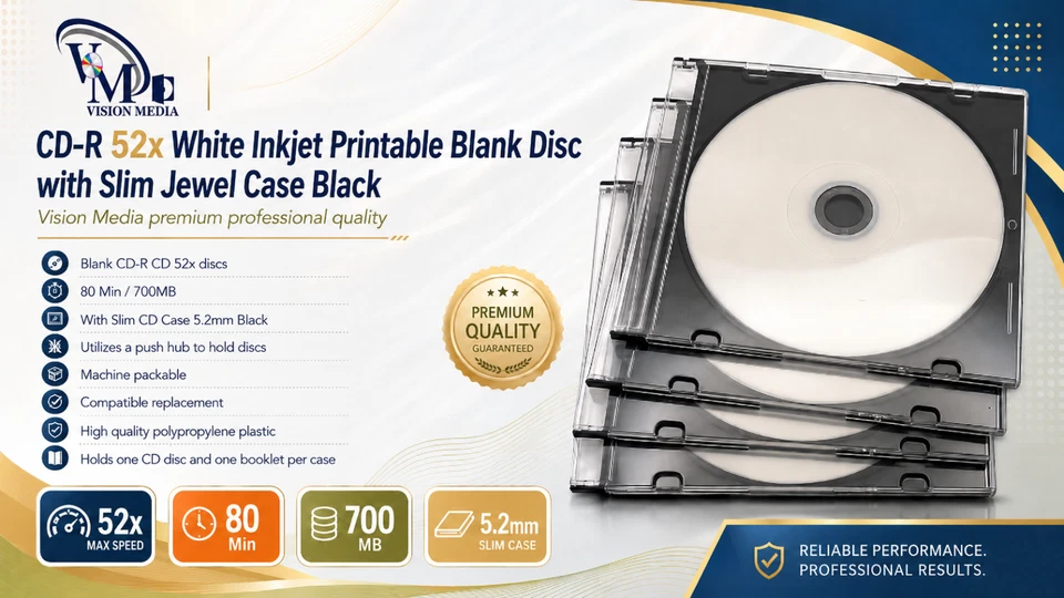 Vision Media White Inkjet Printable CD-R Discs with Slim Black Cases - Image 2 of 2