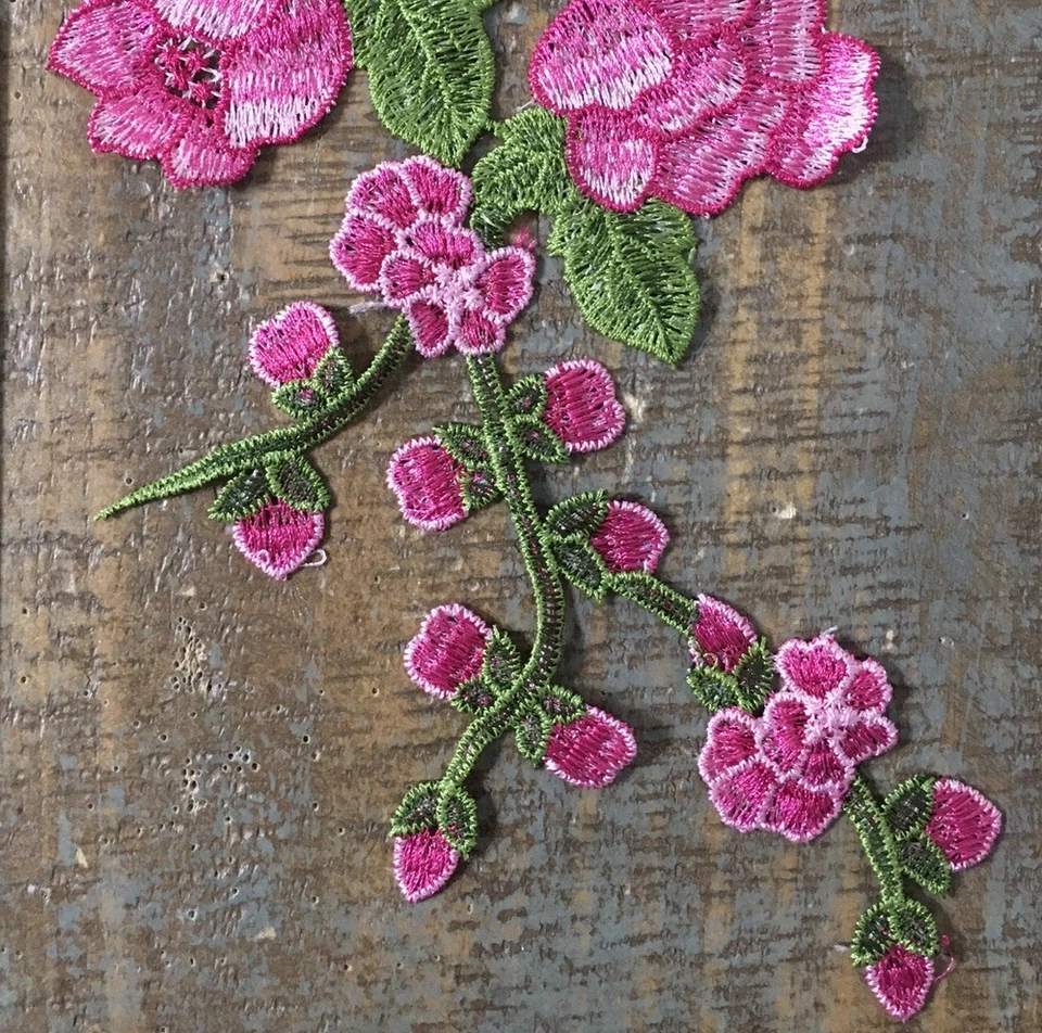 LONG STEM PINK ROSE Flower Plant Floral Roses Buds Garden Applique Patch 12X5 - Image 3 of 4