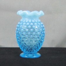 FENTON HOBNAIL BLUE OPAL CRIMPED TOP MINI VASE OPALESCENT