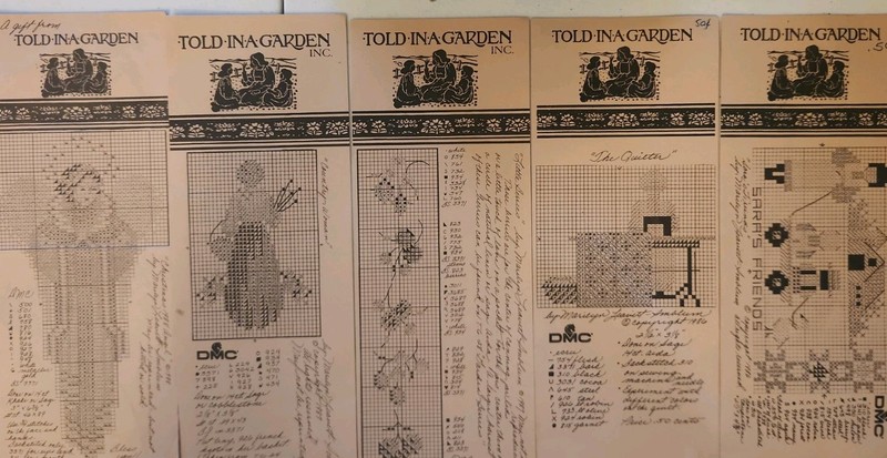 5 Vintage 1980's TOLD IN A GARDEN Cross stitch patterns Amish Christmas Quilter!
