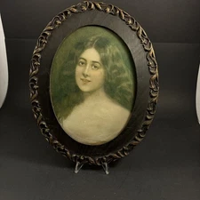 Antique Primitive Round Wood Frame with Portrait of Woman