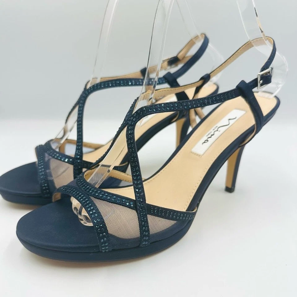 Nina Azul Marino Estrás Malla Tirantes Tacones Talla 8 Elegantes Elegante Sandalias Fiesta Foto 3 de 4