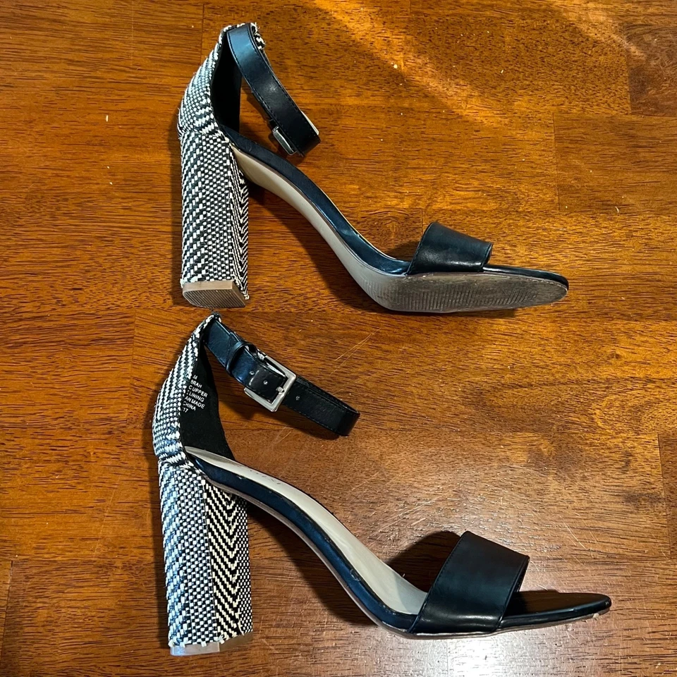 Sandalias para mujer Nine West negras blancas tejidas de tacón bloque con correa en el tobillo talla 8 1/2 M Foto 4 de 4