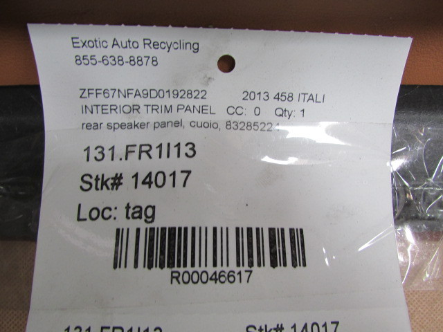 Ferrari 458 Italia, Back Wall Speaker Trim Panel, Cuoio, Used, P/N 83285224