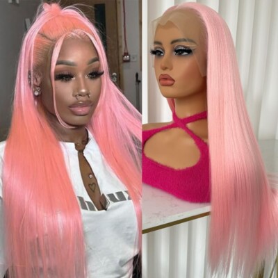 Pink Lace Front Wigs for Women Girls Party Long Silky Straight Hair Glueless Wig