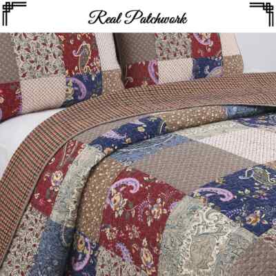 NEW! ~ COZY COTTAGE RED BURGUNDY TAUPE GREEN BROWN COUNTRY CHIC SOFT QUILT SET