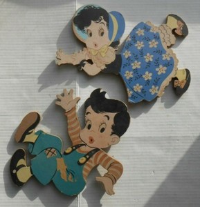 Vintage 1950s Pressed Cardboard Jack And Jill Fell Down  Wall Hanging Decor 