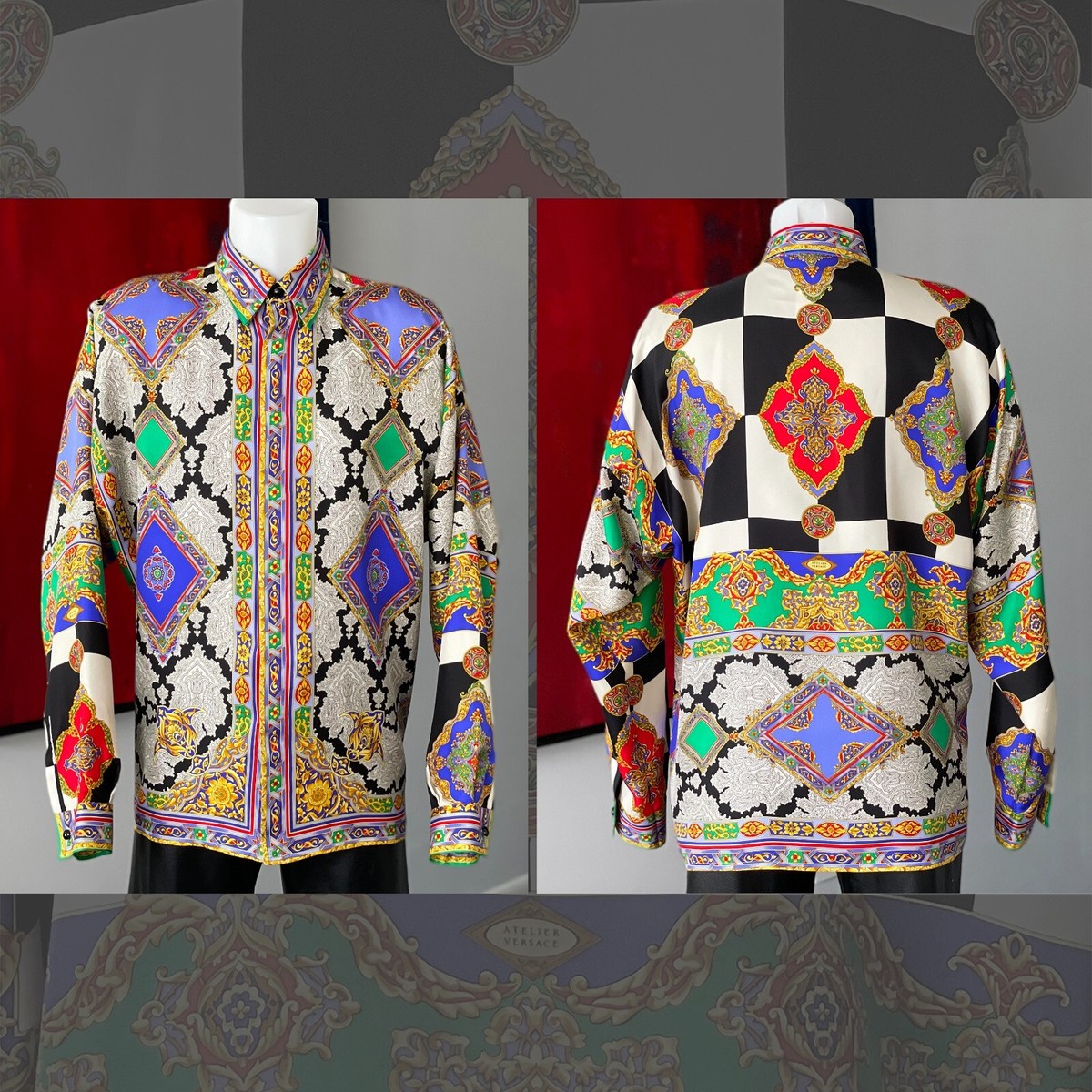 GIANNI VERSACE silk shirt Checkerboard & Damask print size 52 from