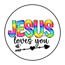 30 JESUS LOVES YOU STICKERS ENVELOPE SEALS LABELS 1.5" ROUND RELIGIOUS RAINBOW