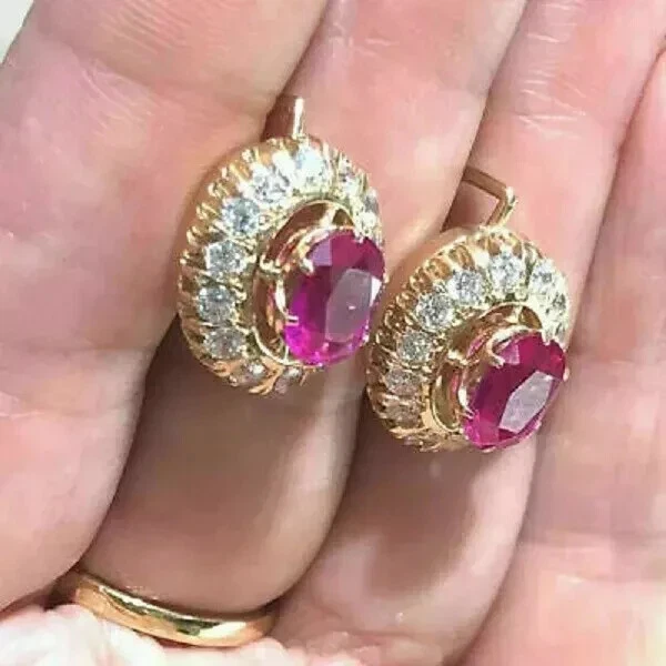 4Ct Lab Created Oval Pink Ruby Halo Drop Dangle Earrings 14K Yellow Gold Plated - Image 2 of 4