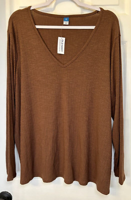 NEW! OLD NAVY Blouse Sz XXL Expresso Bark Ribbed Soft Relaxed LS V Neck Top