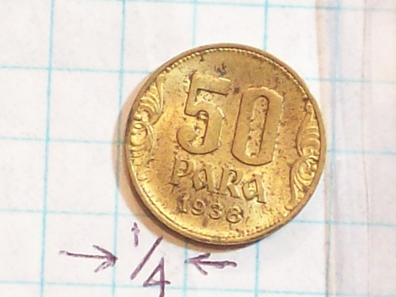 COIN YUGOSLOVIA 1938 50 PARA PETAR II KPAJbEBNHA JYIOCJIABNIJA ALUMINUM-BRONZE