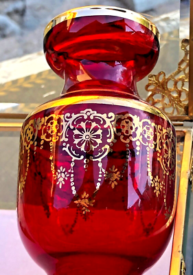 Estate Italy L NASON MURANO VENEZIA Red Hand Blown Glass Vase Gold
