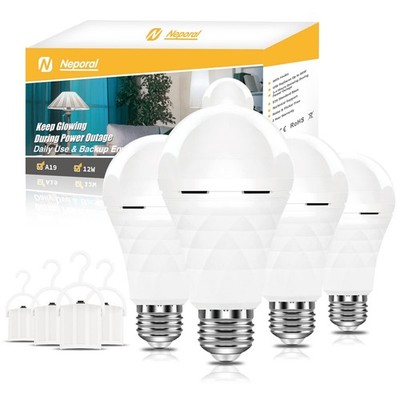 Neporal A19 Rechargeable Light Bulbs Emergency Light Bulb For Power Outages Led