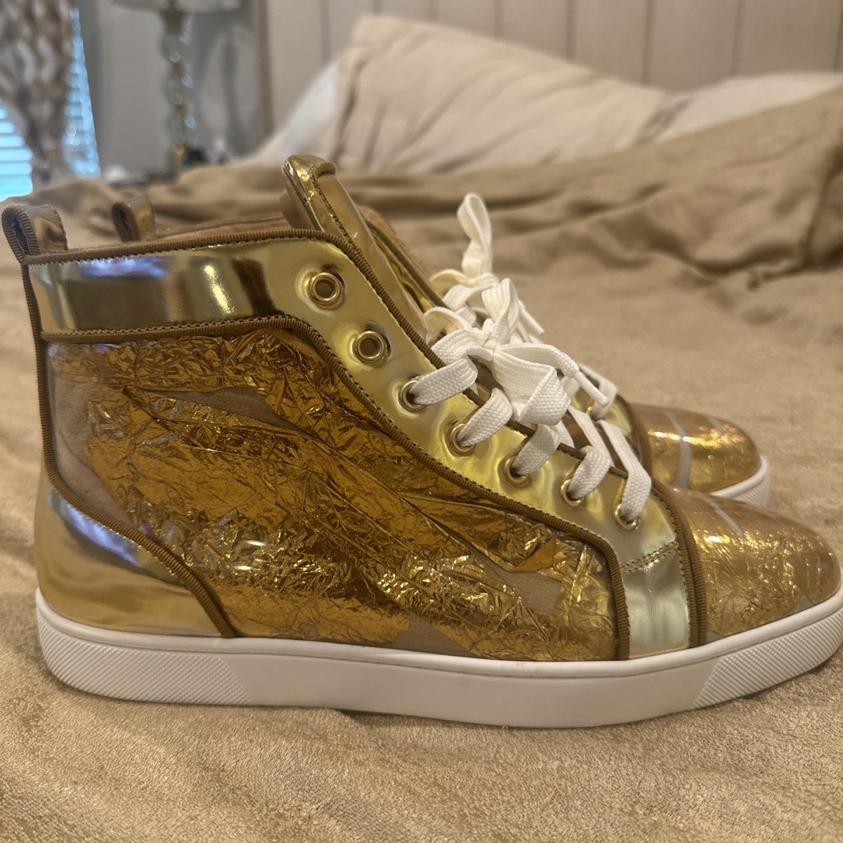 Louboutin Men White And Gold Louboutin Sneakers Snakeskin