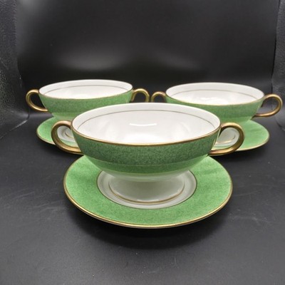 Vintage Queens Green 3 twin handled soup bowls & plates Soho Pottery Solian Ware