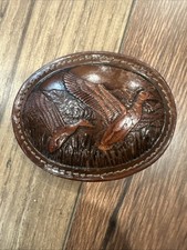 Vintage Leather Ducks Belt Buckle Hand Tooled Oval Brown Hunting Brand New