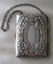 Antique Art Nouveau Silver Floral 2 Coin Holder Mirror Card Case Purse Wallet