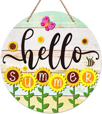 Hello Summer Door Sign - 11.5"Farmhouse Sunflower Front Door Decor Welcome Hange