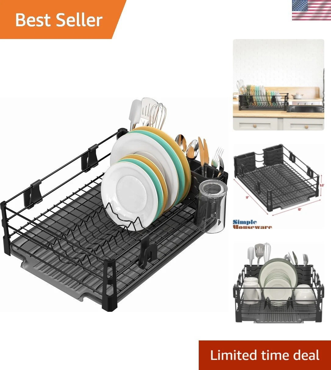 Dish Drying Rack with Drainboard, Utensil Holder & Mug Hooks, Black Metal Kit...