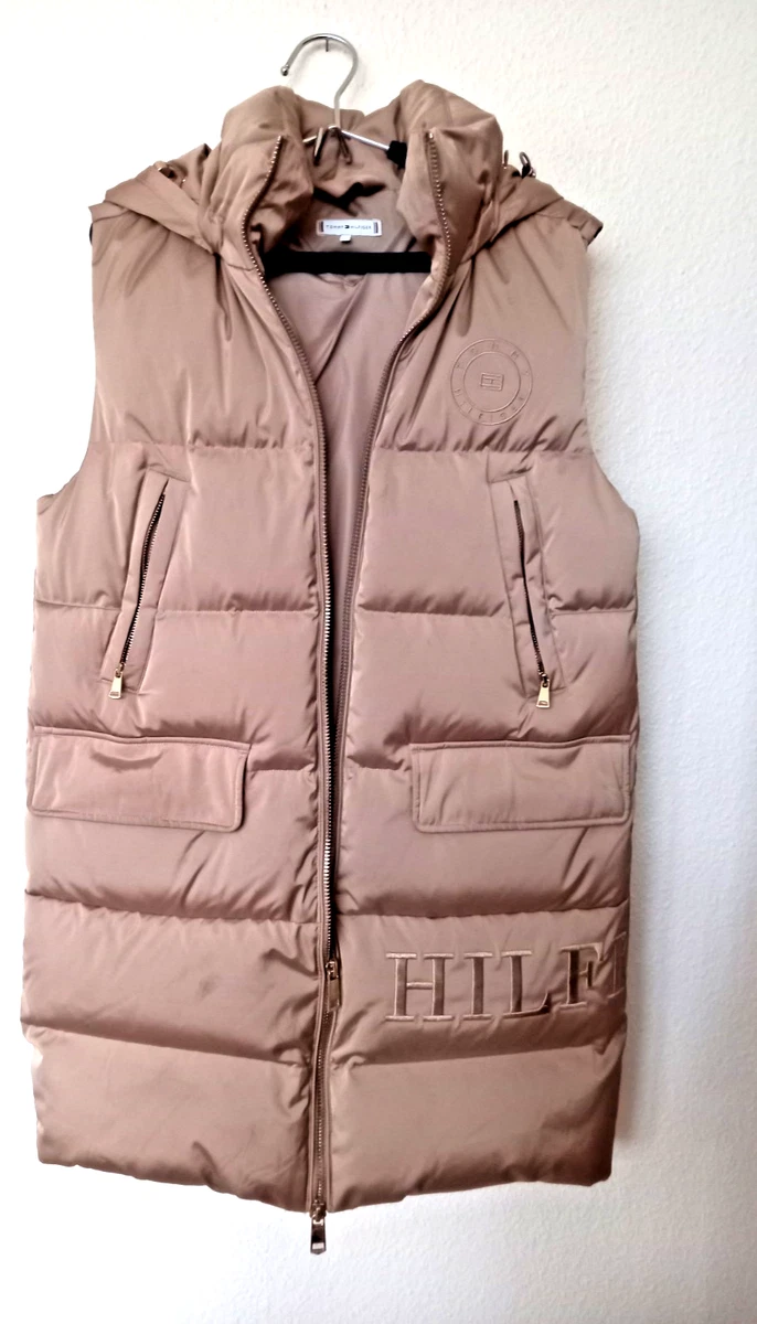 Tommy Hilfiger Damen Steppweste lang mit Kapuze Daunen Beige Gr. XS, Neu