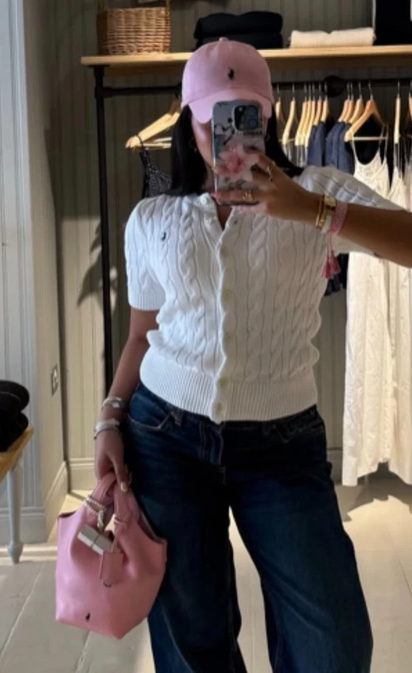  Cárdigan para mujer pequeño/polo Ralph Lauren tejido con cable de algodón blanco Foto 2 de 4