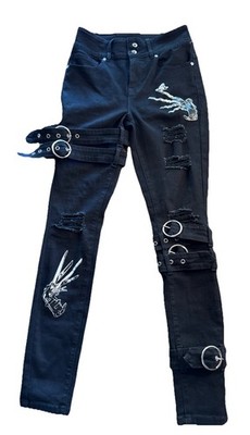 Edward Scissorhands pants Black jeans Grommet Straps Skinny