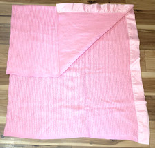 Vintage Penneys Fashion Manor Pink Waffle Weave Blanket Nylon Satin Trim 84x68