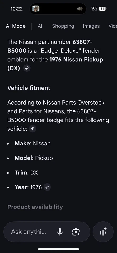 Vintage New OEM 63807B5000 Nissan 1976 Datsun 620 Pickup DELUXE Fender  Emblem - Image 2 of 4