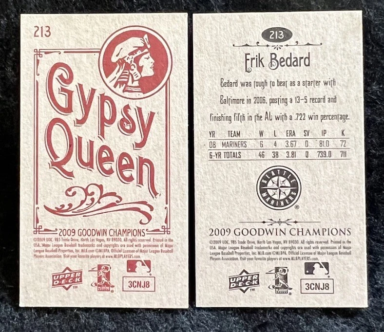 2009 Goodwin Champions Mini Black Border Gypsy Queen  Erik Bedard #213 + Mini - Image 2 of 2