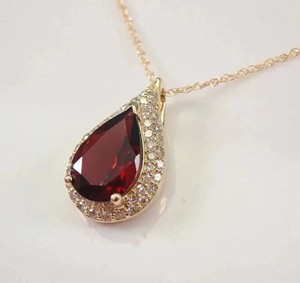 Authentic Lab Created Red Garnet 3Ct Pear Cut Halo Pendant 14K Yellow Gold Plated /Chain