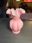 Fenton Art Glass Rose Satin Ruffled Melon Vase 1970's Vintage 6" tall Pink Matte