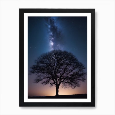 Einsamer Baum bei Nacht fast Morgengrauen Kunst gerahmtes Wandbild Poster Leinwanddruck Bild