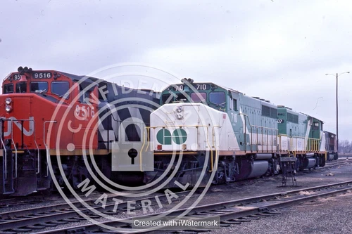 ORIGINAL KODACHROME CNR GP40-2 # 9516 GO TRANSIT 710 MacMILLAN ,ONT  1979
