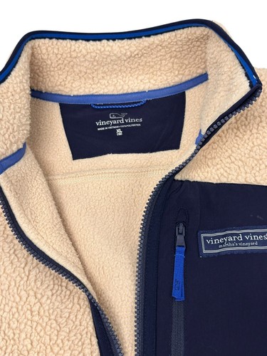 Vineyard Vines Boys High Pile Vest Sherpa Fleece Beige Blue Full Zip XL / 18 - Picture 6 of 6
