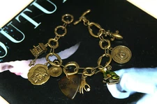 Lucky Chunky Multi Charm "GOOD LUCK" Bracelet    Antique Brass or Gold     #43  