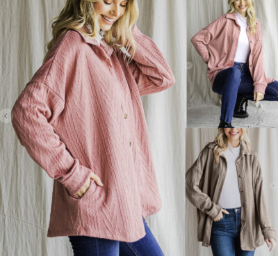 7th Ray Cable Knit Button Down Top Sweater Shirt Shacket Cardigan Pockets S-XL