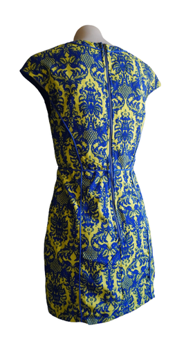 GINGHAM & HEELS Sz 8 Blue Yellow Damask Cocktail Party Pencil Dress NEW - Picture 2 of 4
