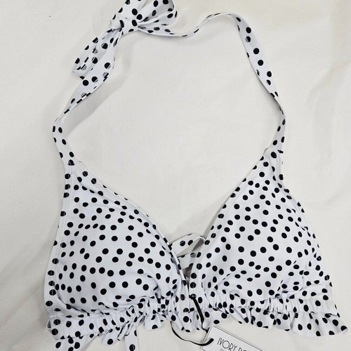 NEW IVORY ROSE FULLER BUST TRIANGLE BIKINI TOP HALTER STYLE B&W POLKA DOT 34DD/E