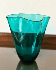 Blenko c. 1950's #404 9" Fluted Handkerchief Vase in Sea Foam Green Wayne Husted